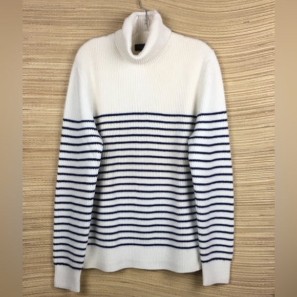 Bloomingdale’s Chunky Knit Striped Merino Wool Unisex Turtleneck Sweater Size L - Picture 2 of 9